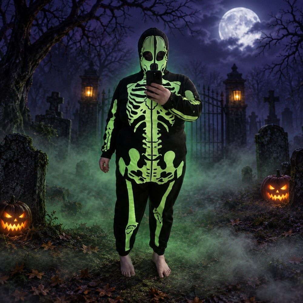 Glow in Dark Skeleton Costume Adult XL Hooded Jumpsuit Halloween Face Mask C93